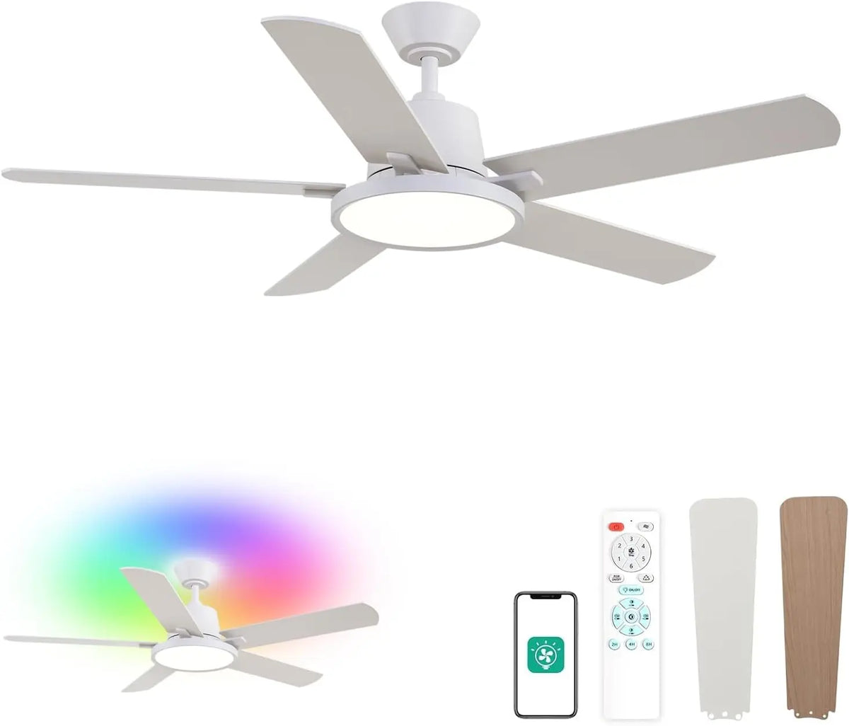 Orison Ceiling Fans with Lights - 52 Inch Low Profile Ceiling Fan with RGB Backlight, Flush Mount Ceiling Fan with Remote and App Control, 6 Speeds