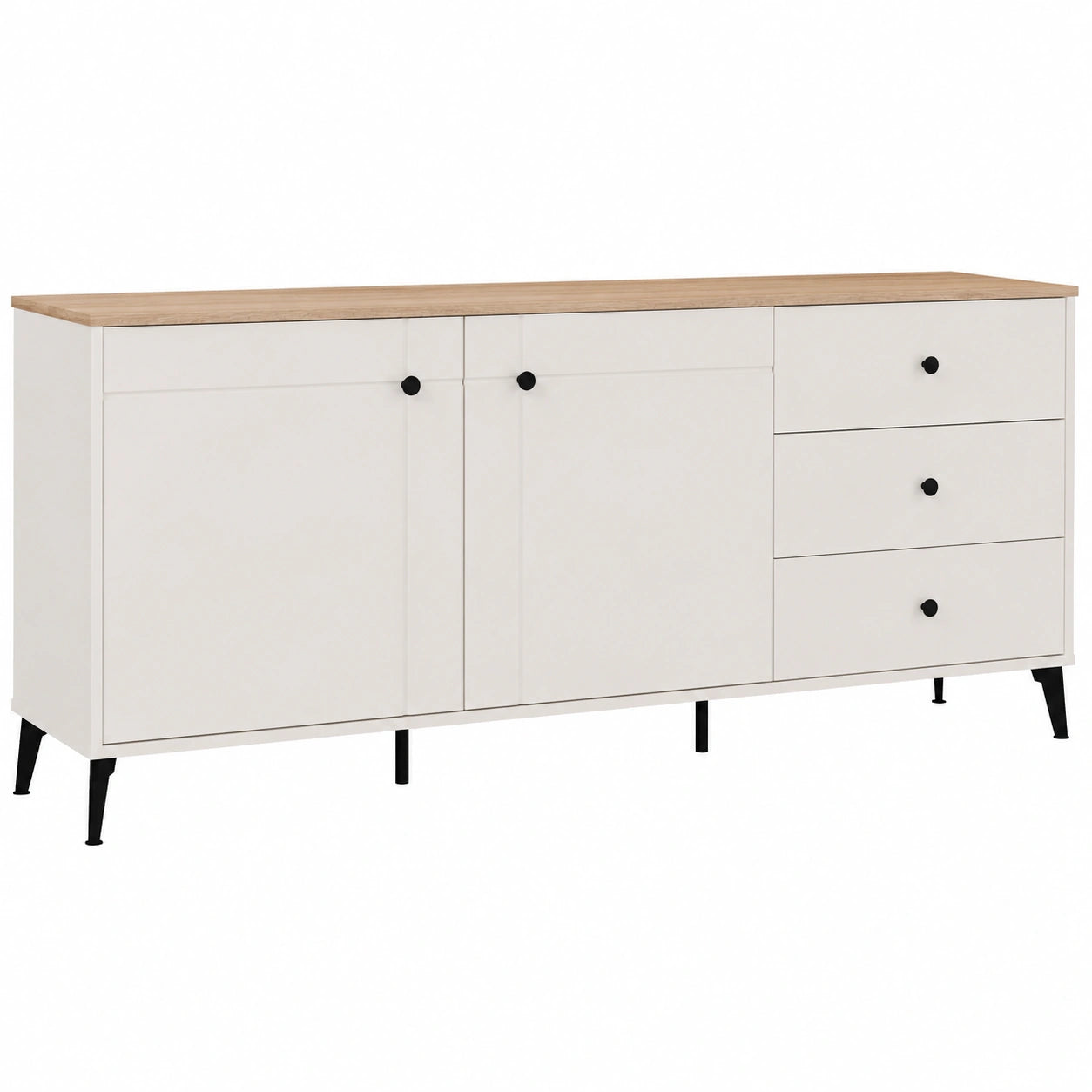 Madia Moderna in Cashmere e Rovere con Gambe in Metallo Nero, 2 Ante e 3 Cassetti Ammortizzati, Mobile per Soggiorno 183,5x75,5x40 cm
