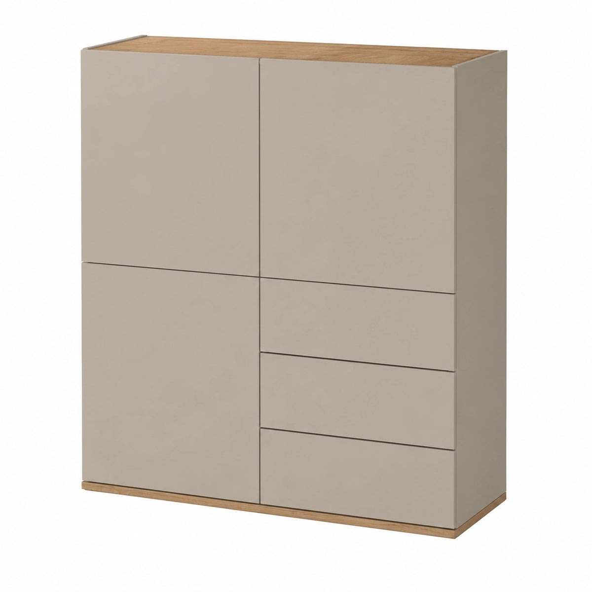 Credenza Moderna con 3 Ante e 3 Cassetti in Legno, Finitura Tortora e Rovere, 102x35x110 cm