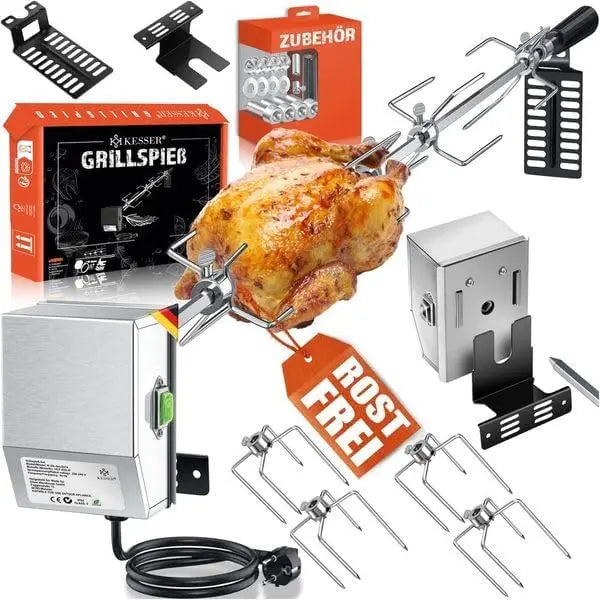KESSER 42 Inch Stainless Steel Universal Skewers Set for Weber Spirit Gas BBQ with 4 Meat Needles - Meat Tongs, Handle and Motor, 240V