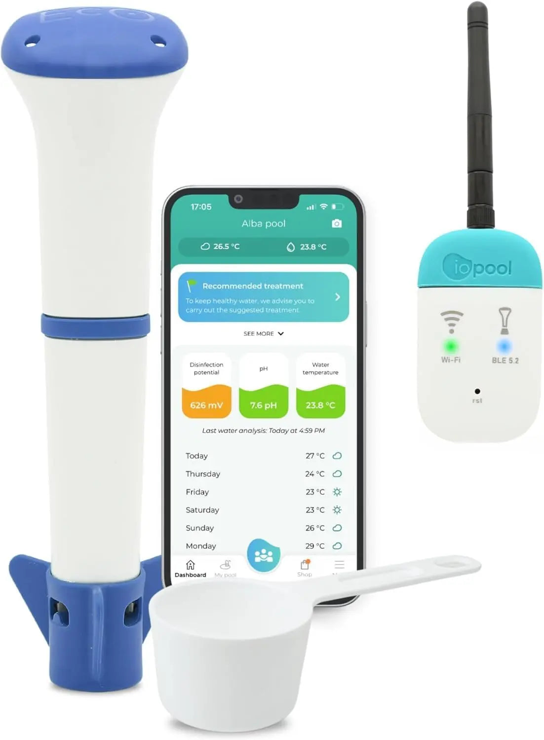 iopool Smart Water Monitor - Works for Chlorine, Bromine Pools & Salt, Hot Tubs, & Swim Spas, Gives Precise Dosage Recommendations !