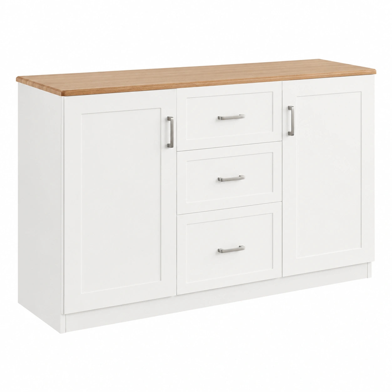 Credenza Moderna Bianca con Piano Rovere, 2 Ante e 3 Cassetti, Mobile Soggiorno e Cucina