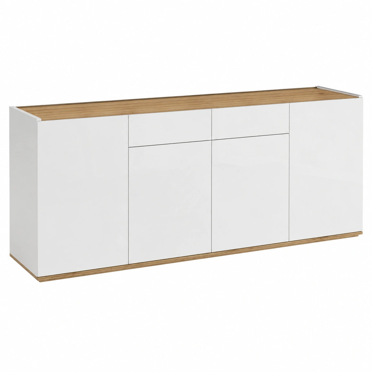 Credenza Moderna con Cassetti e Ante in Rovere e Bianco Lucido, 200x35x71 cm