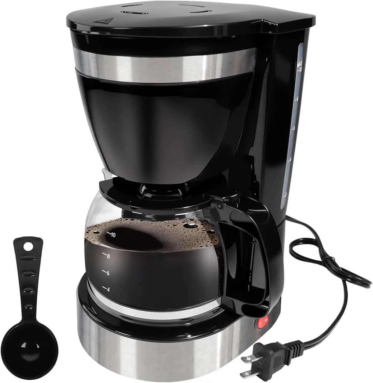 10 Cup Drip Coffee Maker One-Touch Anti-Drip Coffee Machine - Reusable Filter Carafe Auto Keep Warm Plate Spoon Coffee Pot