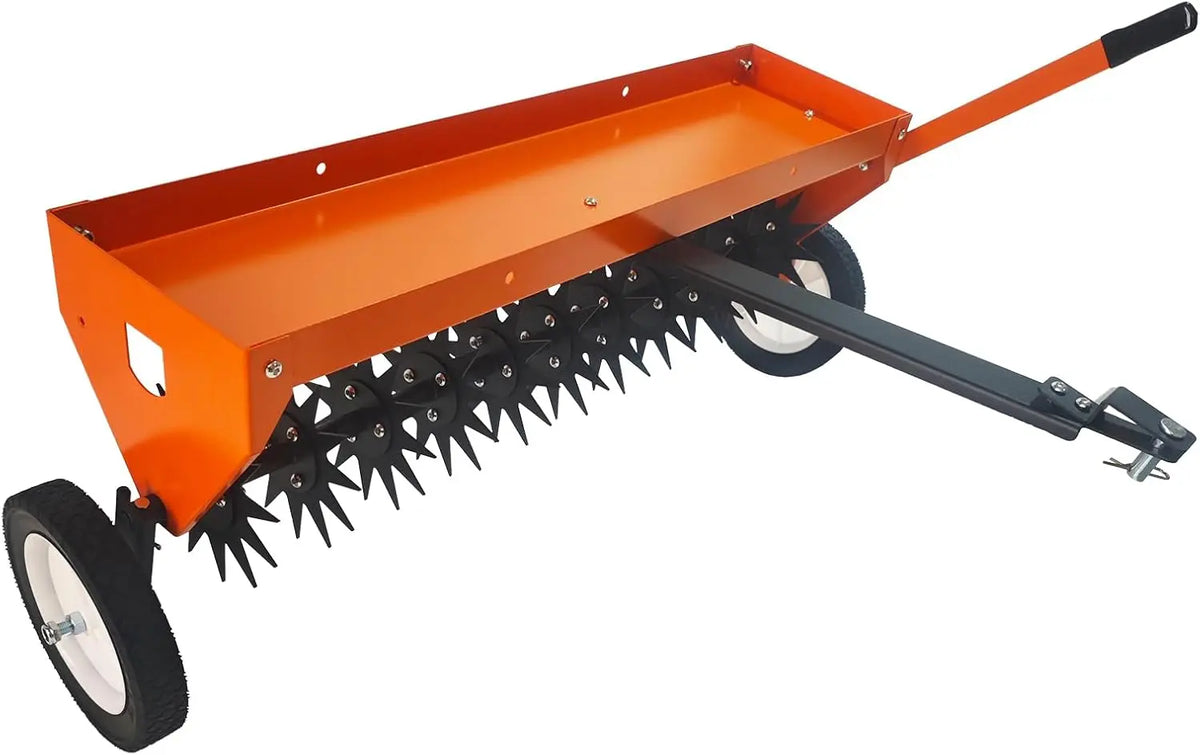 GarveeLife 40 in Tow Behind Aerator - Aerator Lawn Tool with Universal Hitch, Adjustable Handle, Transport Wheels, Farm and Lawn, Orange