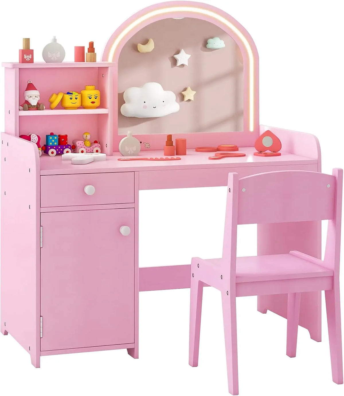 Costzon Kids Vanity with Lights - 2 in 1 Princess Makeup Desk & Chair Set with Lighted Mirror, Drawer, Storage Shelves & Cabinet, Pink