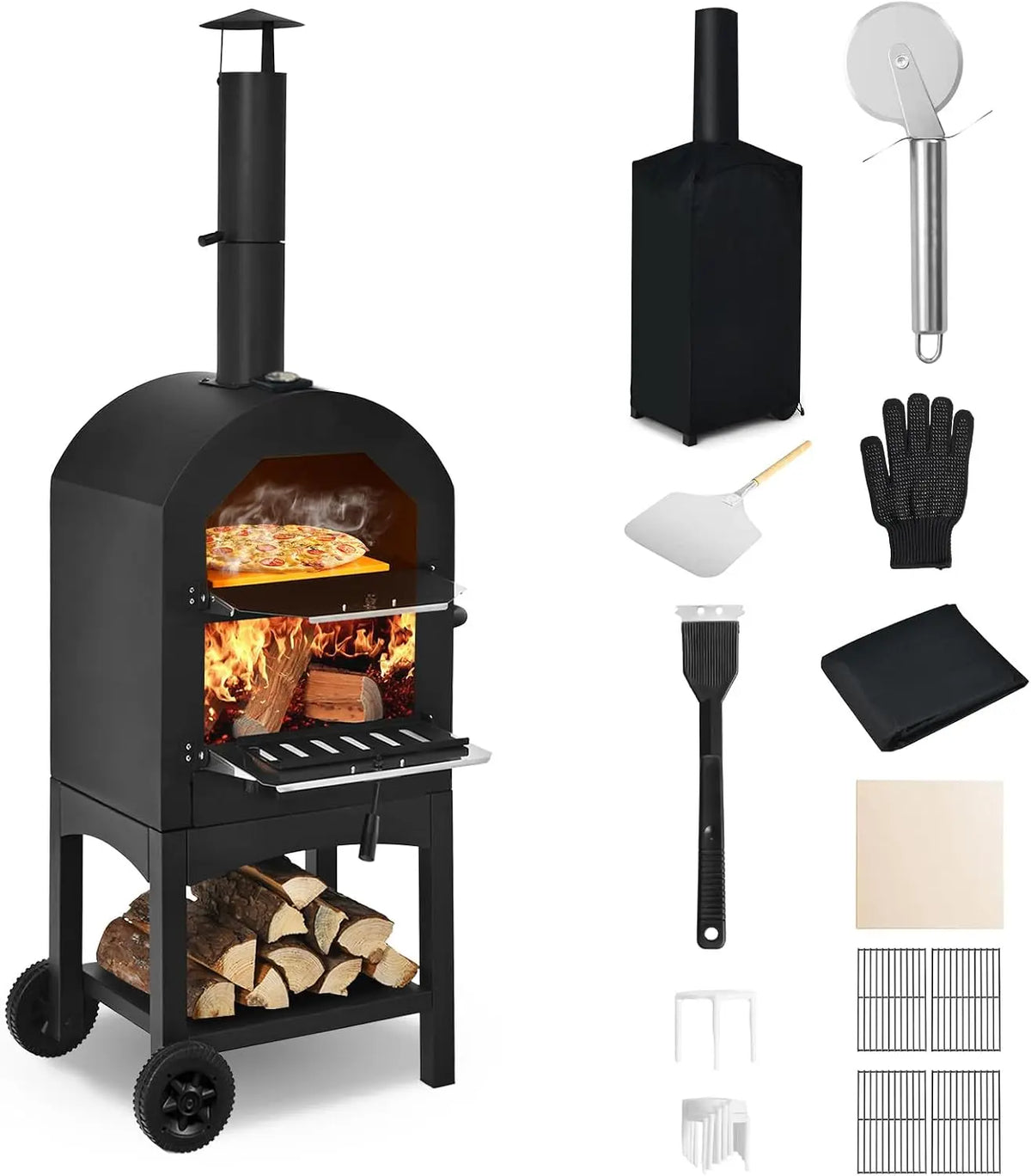 Happygrill Outdoor Pizza Oven Wood Fired - With Wheels & Built-in Thermometer