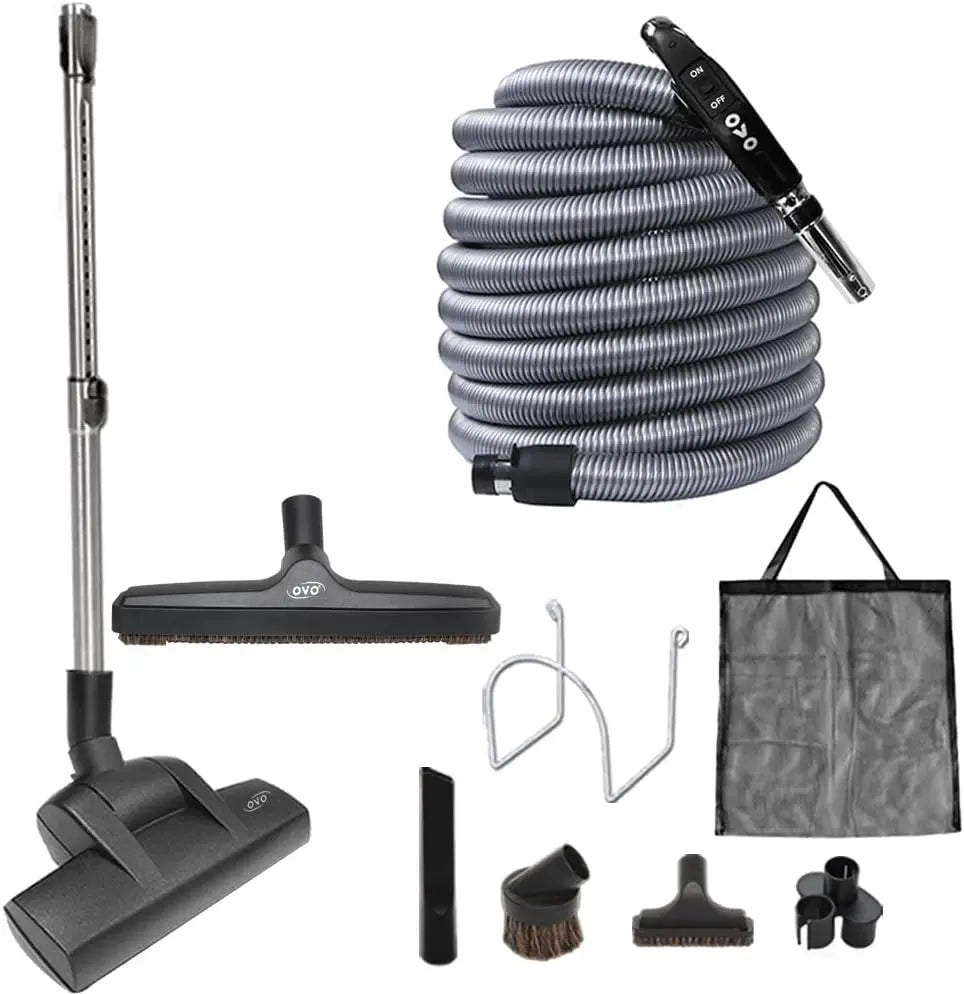 OVO Central Vacuum Deluxe Plus Kit - 40ft ON/Off Low-Voltage Hose, Air Driven Carpet Beater, 12'' Floor Brush