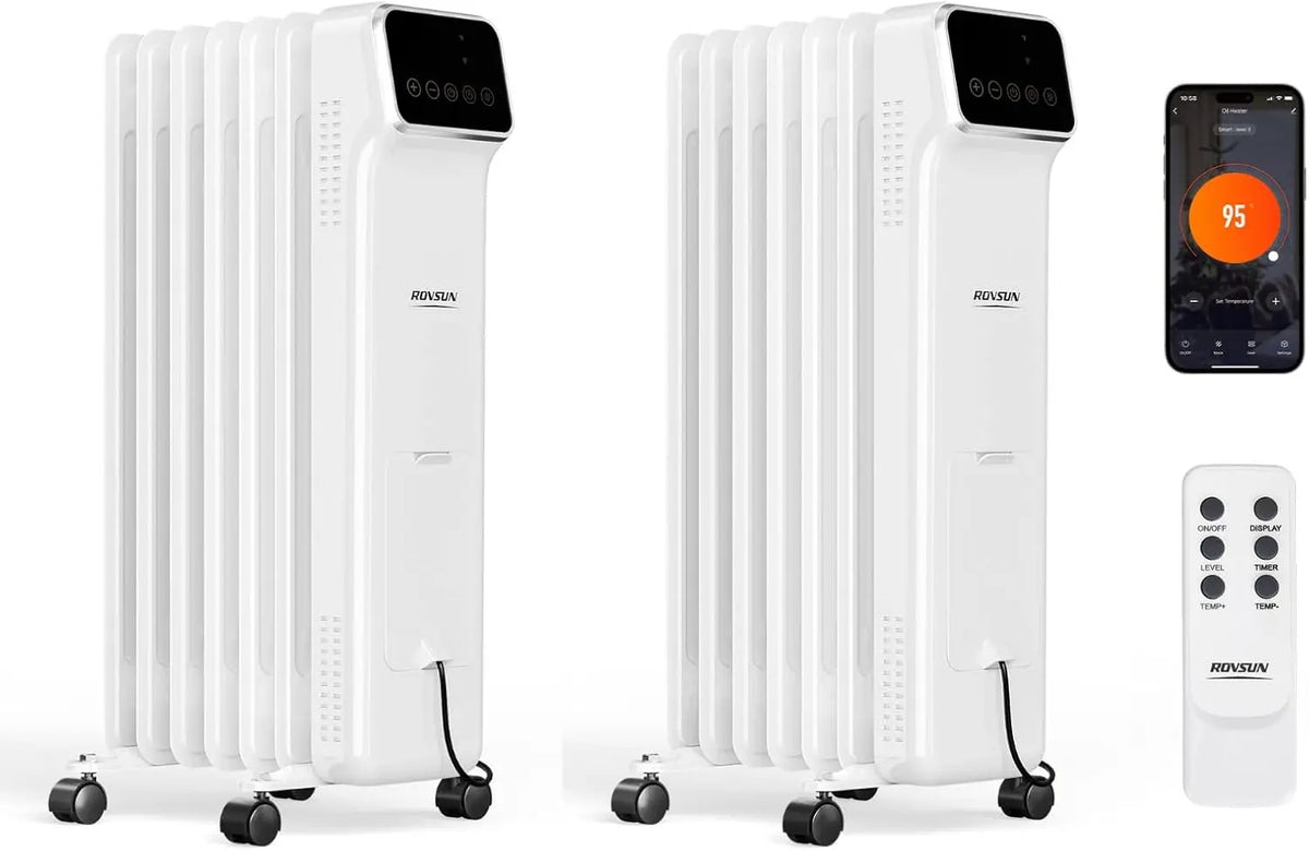 ROVSUN Oil Filled Radiator Heater w/Remote & APP Control - 1500W Portable Space Heater with Adjustable Thermostat, 24H Timer, Bedroom, White, 2 Packs