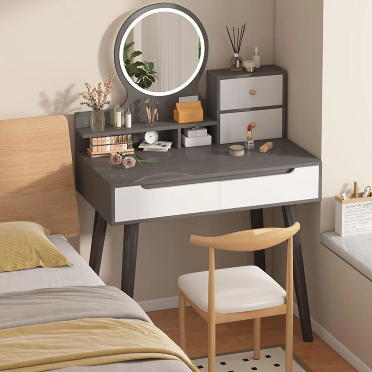 Vanity Dressing Table with Mirror and Stool Makeup Vanity Desk with LED Light with Adjustable Brightness Makeup Table with Drawers Makeup Vanity