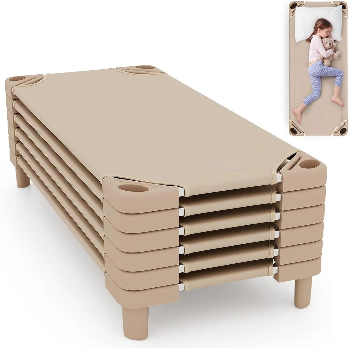 KOTEK Stackable Sleeping Daycare Cots for Kids - Portable Toddler Nap Cots, 52 Inch L x 23 Inch W, Ready-to-Assemble, Set of 6, Sand