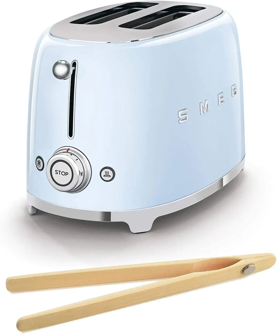 Smeg TSF01PBUS 50's Retro Style Toaster Bundle with Bamboo Tongs - Pastel Blue, 2 Slice