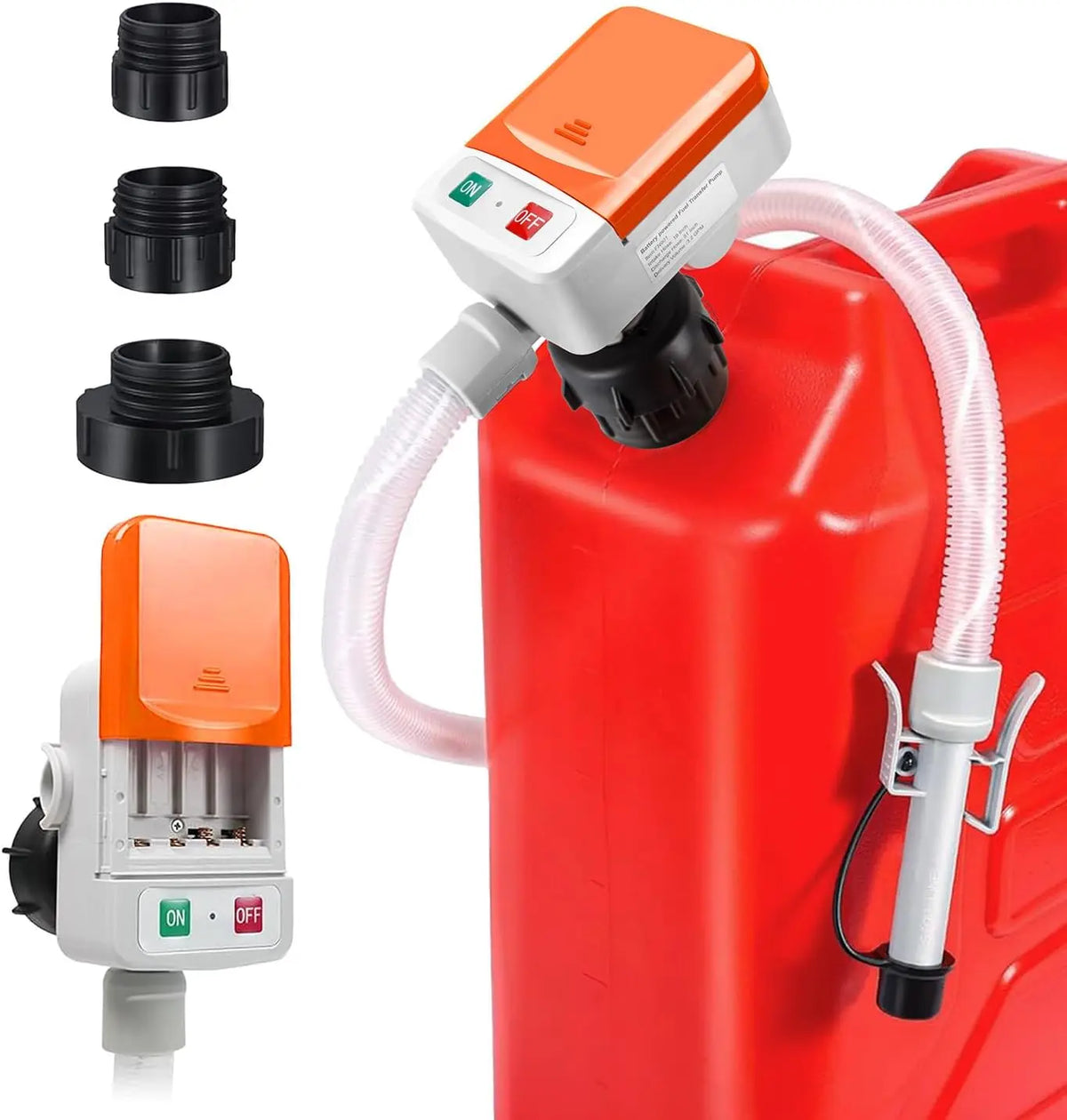 Portable Fuel Transfer Pump - 12V/AA Battery Powered, 3.2 GPM Auto-Stop Safe Pump with 51 Inch Hose & 4 Universal Adapters, for Gas, Diesel, Oil, Boat