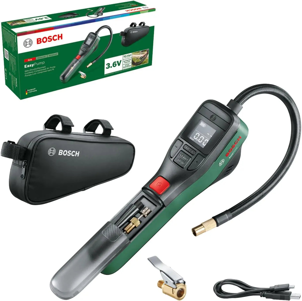 Bosch Electric Bike Pump/Air Pump/Mini Compressor EasyPump - 3X Adapter; Quick Connect Plug, Bicycle Bag
