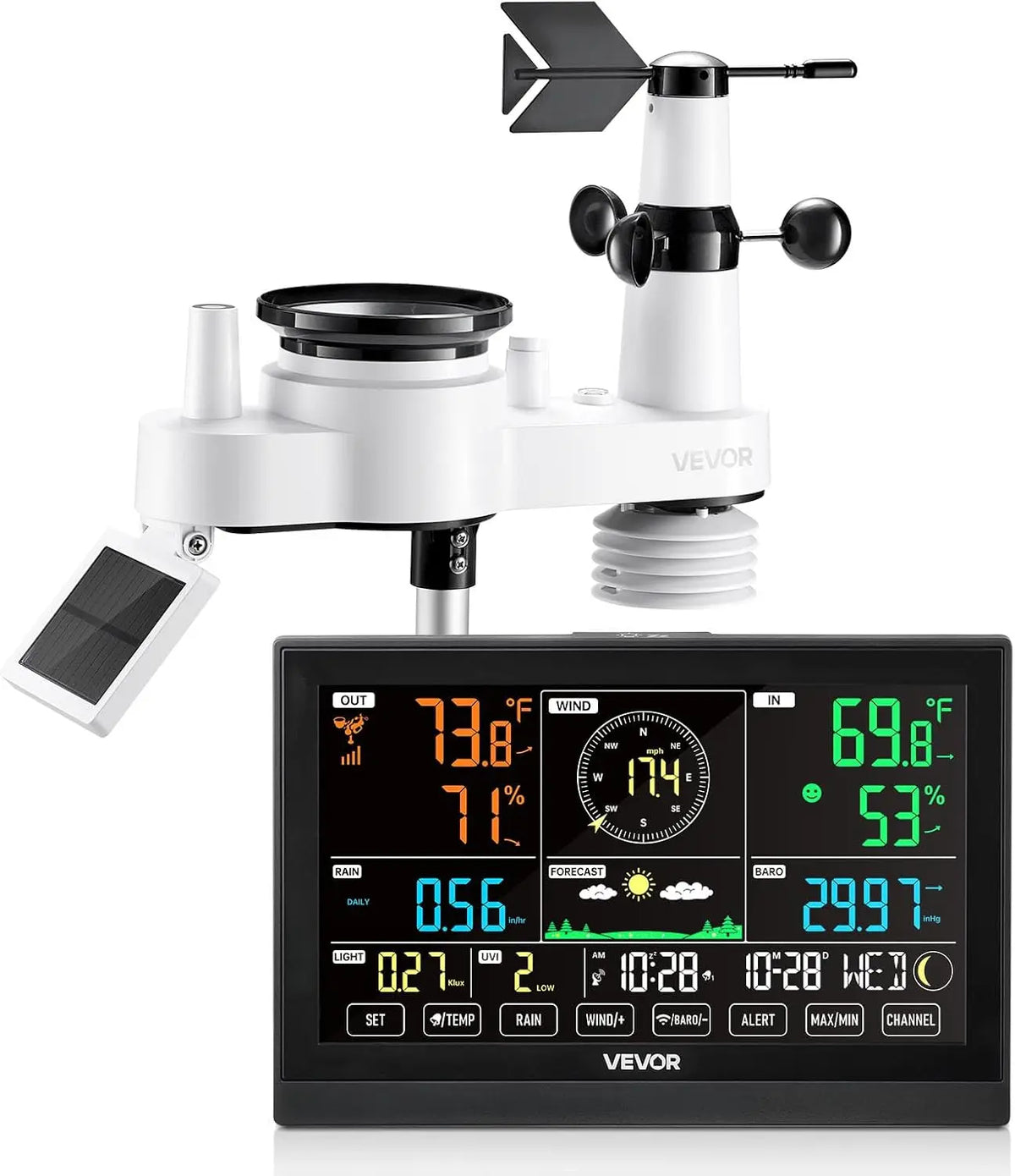 VEVOR 7-in-1 Wireless Weather Station - 7.5-Inch VA Display, Solar Powered Outdoor Sensor, Rain Gauge, Indoor Outdoor for Weather Forecast, Humidity