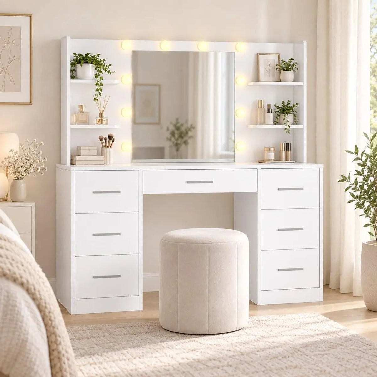 Makeup Vanity Desk with Lights - Power Outlet, 7 Drawers & 4 Shelves