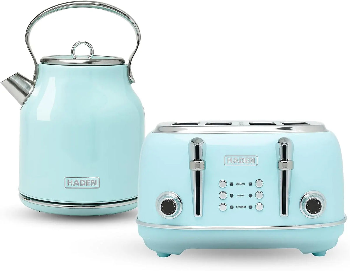 Haden Heritage 4 Slice Wide Slot Stainless Steel Toaster Bundled - 1.7 Liter Stainless Steel Electric Water Kettle, Turquoise & Chrome