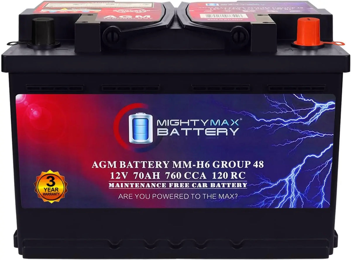 Mighty Max Battery MM-H6 Start and Stop Car BCI Group Size 48 12V 70 AH - 120RC, 760 CCA Rechargeable AGM Car Battery