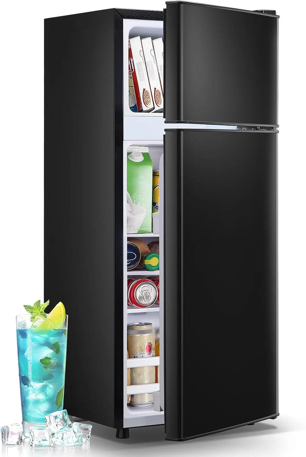 DEMULLER 55L Capacity Black Refrigerator - Freezer Double Door Mini Fridge Small Apartment Refrigerator with 7 Adjustable Temp Control