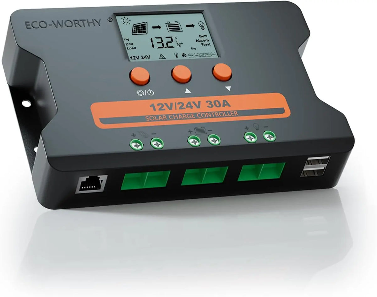 ECO-WORTHY Solar Charge Controller 30A Solar Panel Custom Battery Regulator - Dual USB Port Auto 12V/24V PWM for FLD/LiFePO4/SLD/GEL RV Solar System