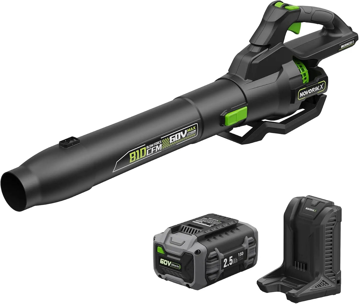 NovorikX 60V Cordless Leaf Blower with 2.5Ah Battery and Charger - 810 CFM 190 MPH Turbo, Brushless Motor, Variable Speed Dial