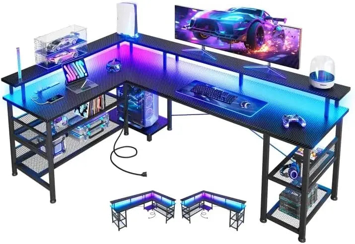 ODK 66 Inch Large L Shaped Gaming Desk with Power Outlet & LED - Black