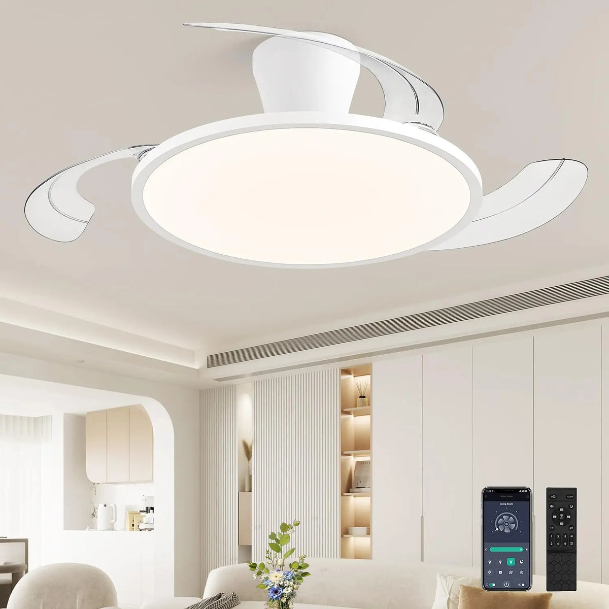 42 Inch Modern Retractable Ceiling Fan with Light - White Fandelier