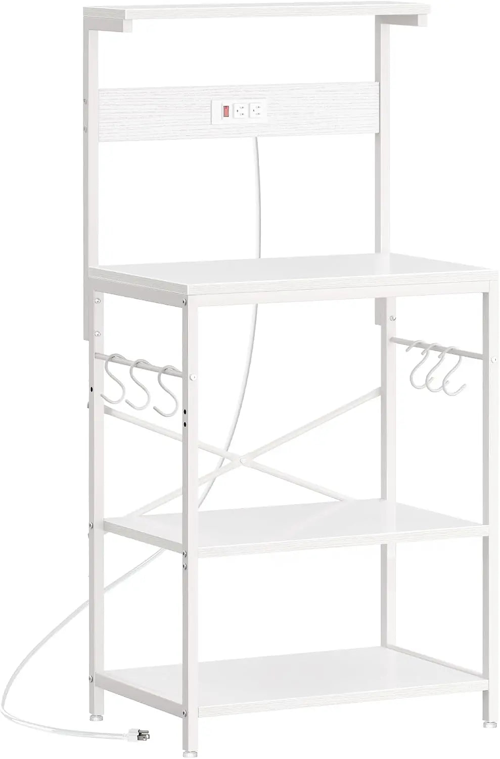 SUPERJARE Kitchen Bakers Rack with Power Outlet - Coffee Bar Table 4 Tiers, Kitchen Microwave Stand with 6 S-Shaped Hooks, Pots and Pans, White