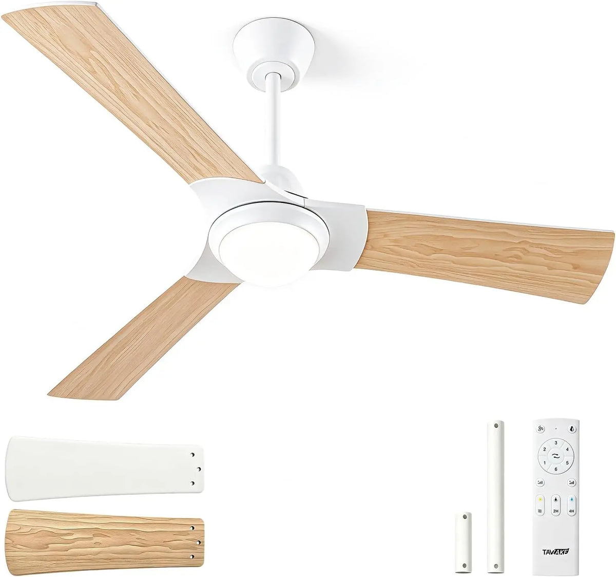 52 Inch Ceiling Fan with Light - White/Wood Reversible Blades
