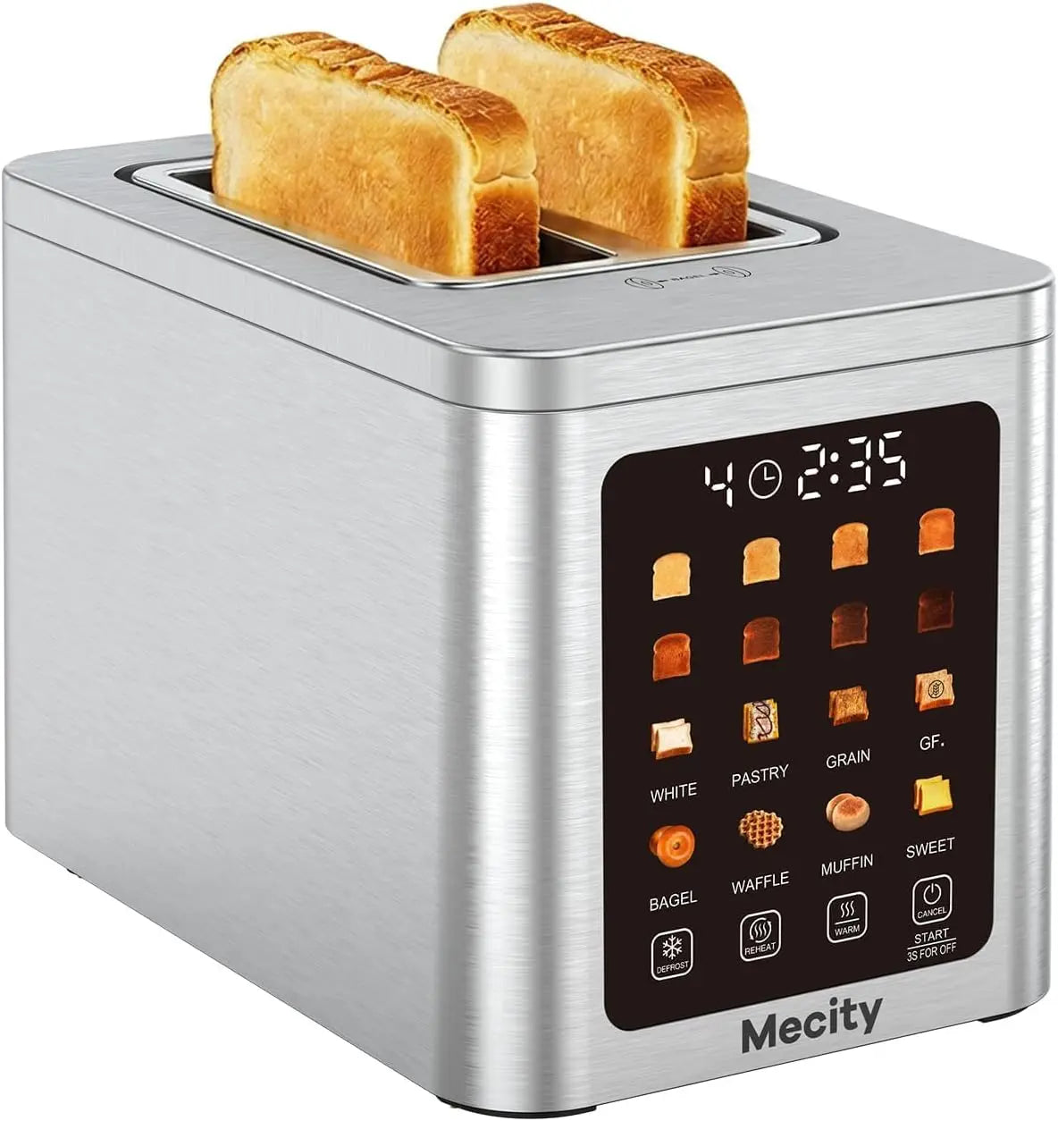 Mecity 2 Slice Smart Touchscreen Toaster - Stainless Steel Wide Slot Toasters with Auto Lift & 30-Minute Warm, Memory Function, Defrost & Auto Shutoff