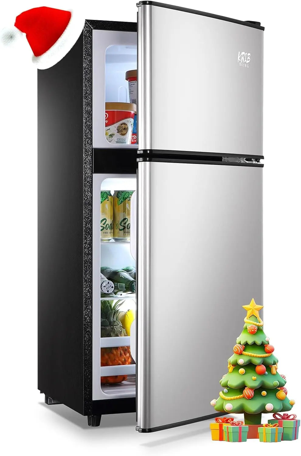 KRIB BLING Refrigerator with Freezer - 2 Doors Fridge with Adjustable Thermostat Control 3.5 Cu. Ft., Silver