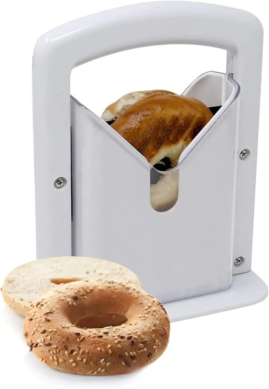 Bagel Slicer - for Bagels, Safe Grip, Safety Shield, Bagel Cutter Stainless Steel, Universal Slicer, White