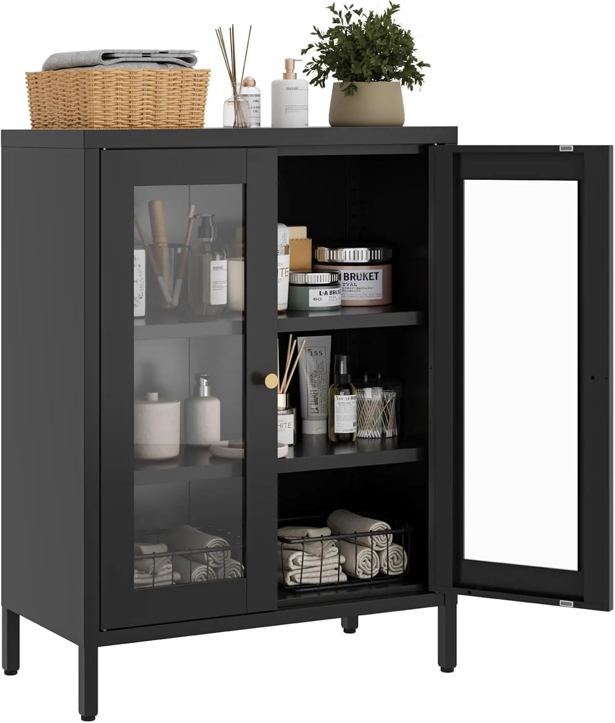 Small Metal Cabinet with Glass Doors - Display Storage Cabinet with 2 Adjustable Shelves for Bathroom Entryway Living Room Dining Room Kitchen, 3-Tier