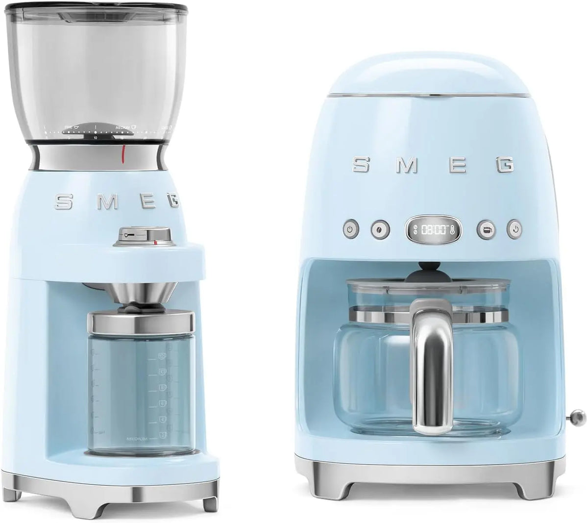 Smeg DCF02 Drip Coffee Maker & CGF11 Burr Coffee Grinder Set-Retro Modern Style - Programmable with Auto Brew, 10-Cup, 2-Piece Bundle, Pastel Blue