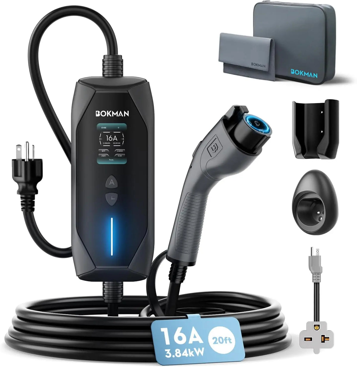 bokman Portable Level 1&2 EV Charger - 16A 20ft, NEMA 6-20P/5-15 Adapter