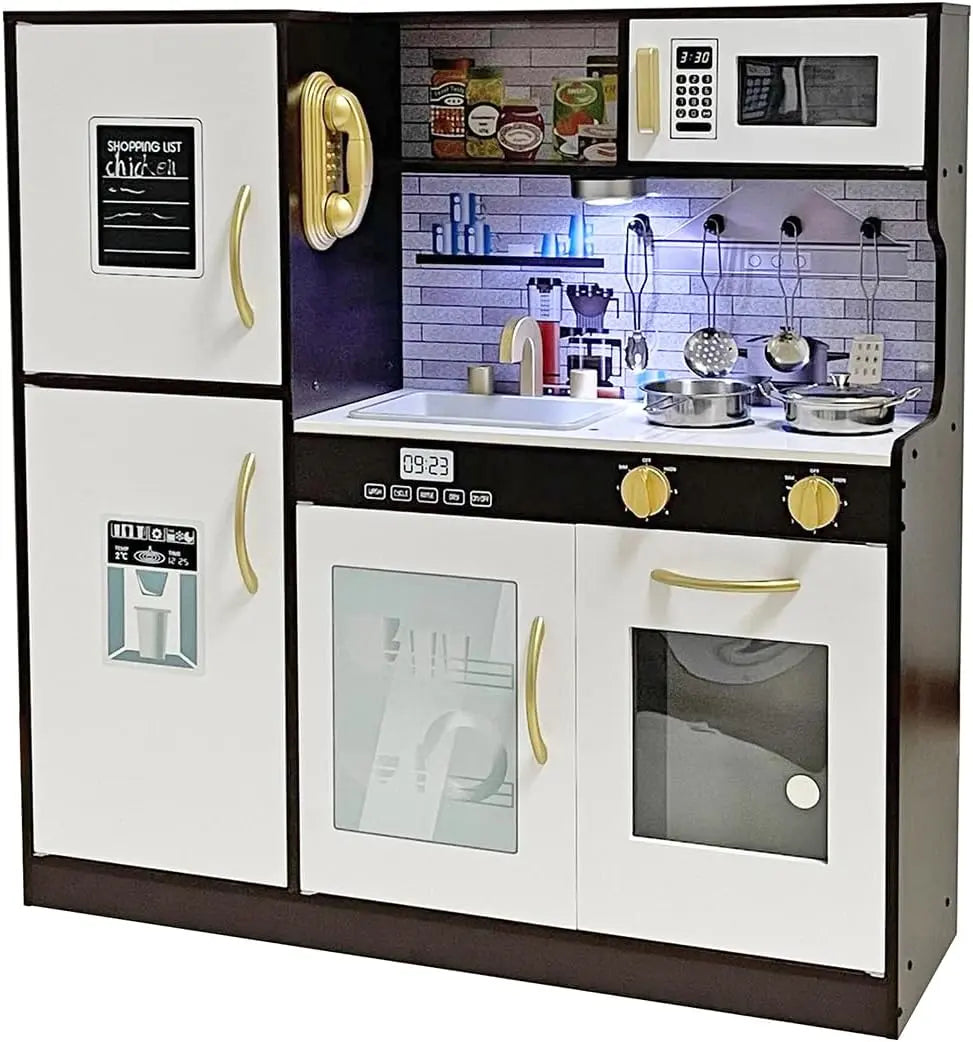 TOUCH US Wooden Play Kitchen Toy Set with Light - Children Pretend Toy Kitchen Playset with Sink Play Toy, Oven Microwave