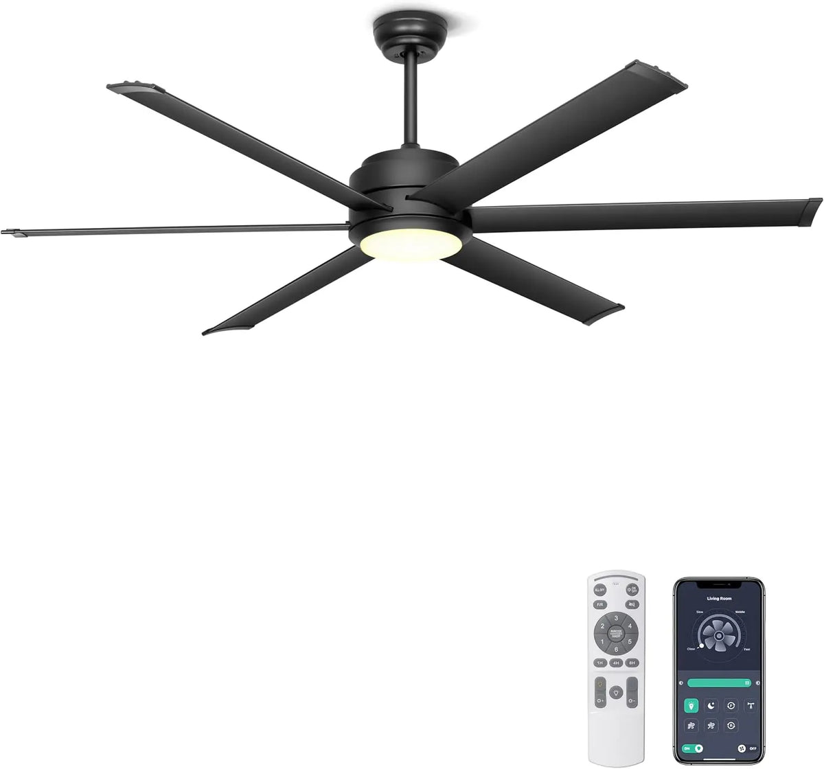 Ohniyou 60 Inch Black Industrial Ceiling Fan with Light for Patio - Living Room