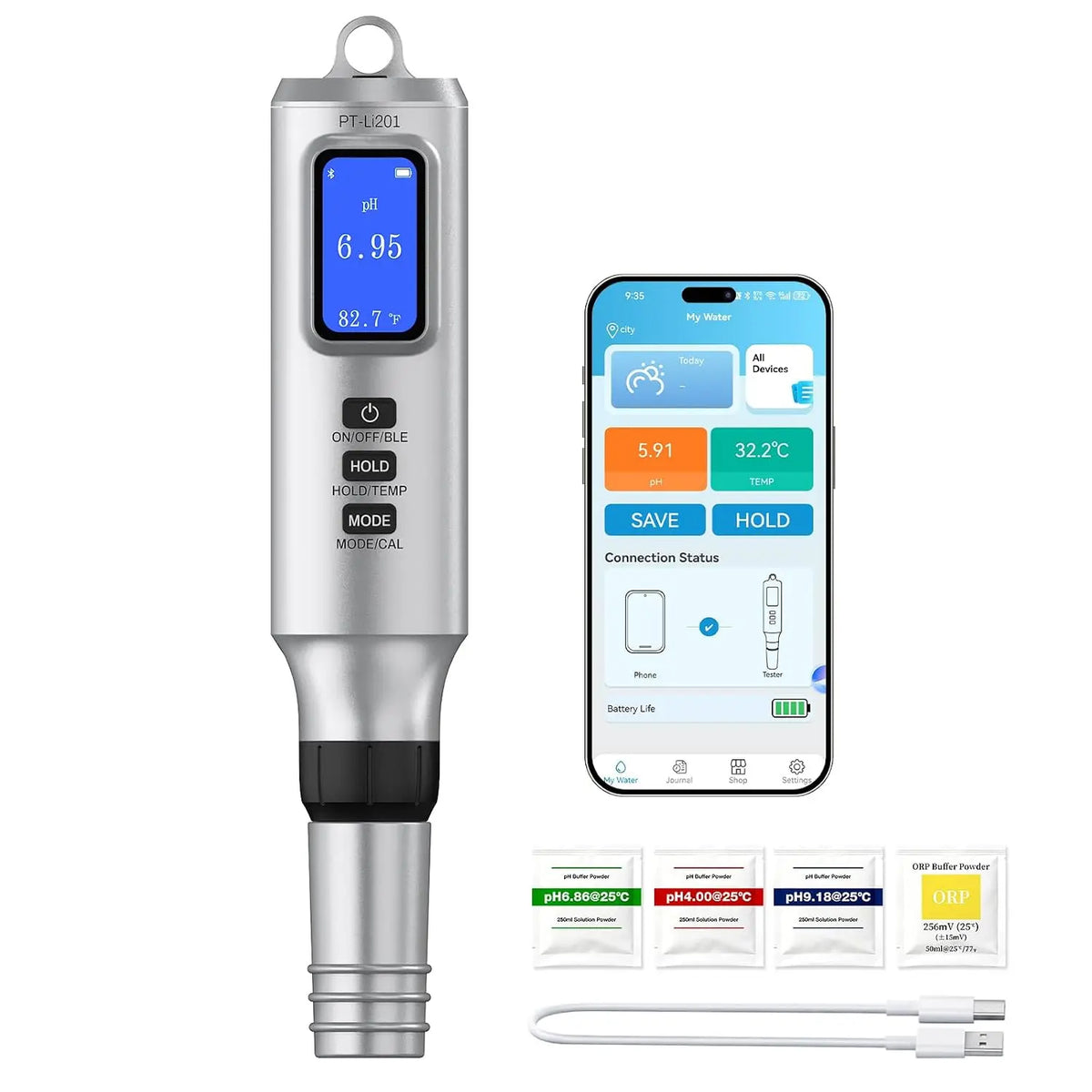 Smart Pool Salt Tester & pH Meter with APP - 7-in-1 Digital Water Tester for pH, Salinity, ORP, EC, TDS, SG & Temperature, Hot Tub & Aquariums.