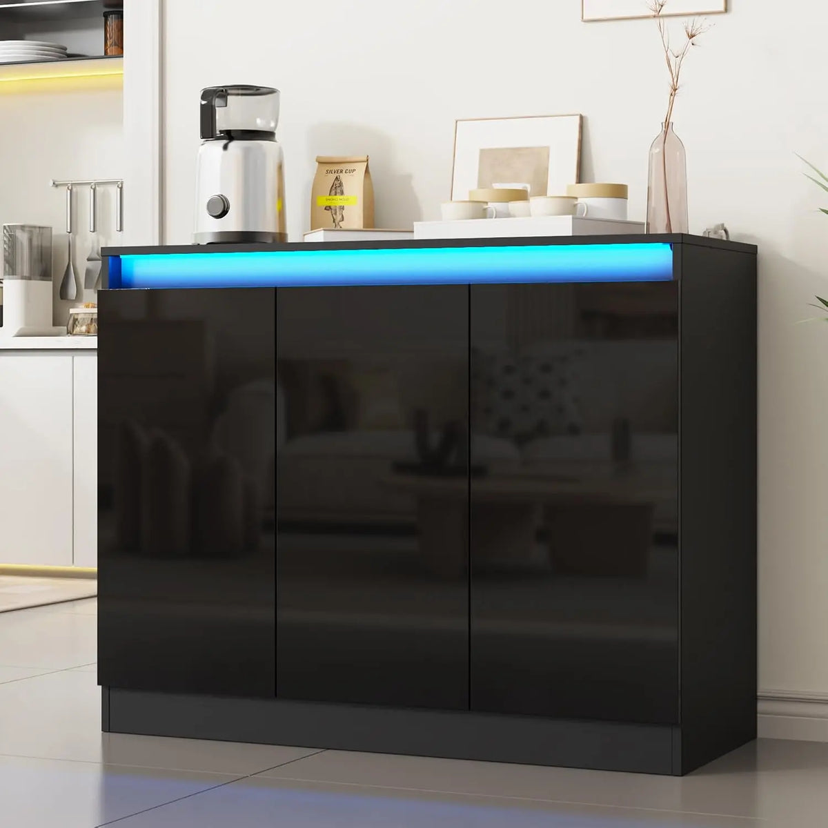Furnify High Gloss Buffet Cabinet with LED Lights & Charging Station - Black