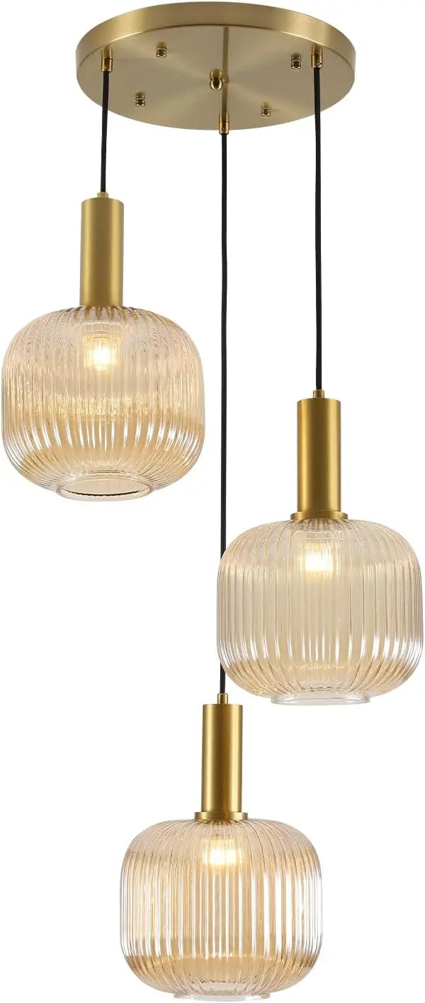 BOKT Gold Cluster Globe Glass Ceiling Chandelier 3-Light Amber Hanging Pendant Light Brushed Brass Dining Room Chandelier Stair Adjustable Hanging