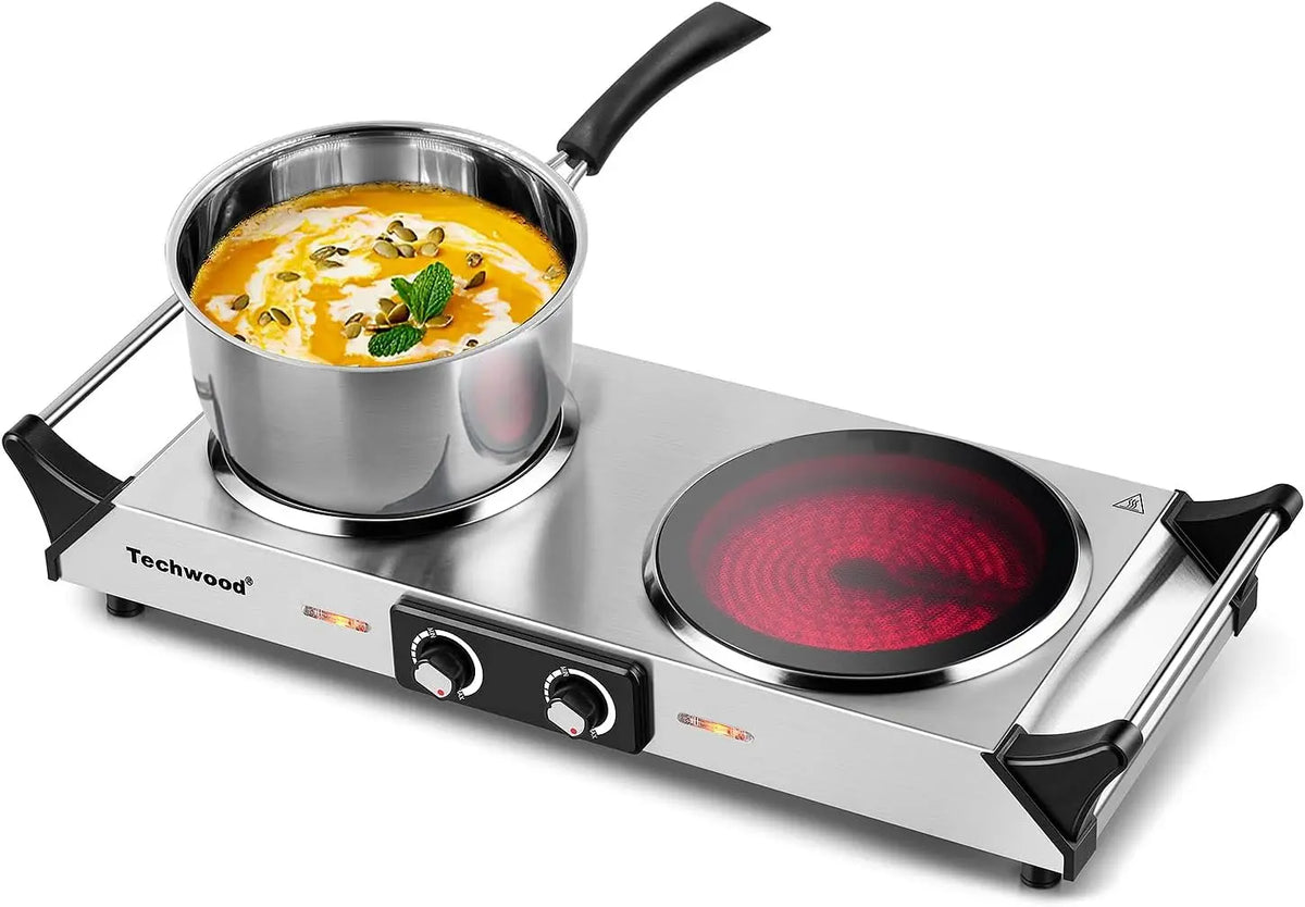 Techwood Electric Stove - Double Infrared Ceramic Hot Plate for Cooking, Two Control Cooktop Burner, Portable Anti-scald handles