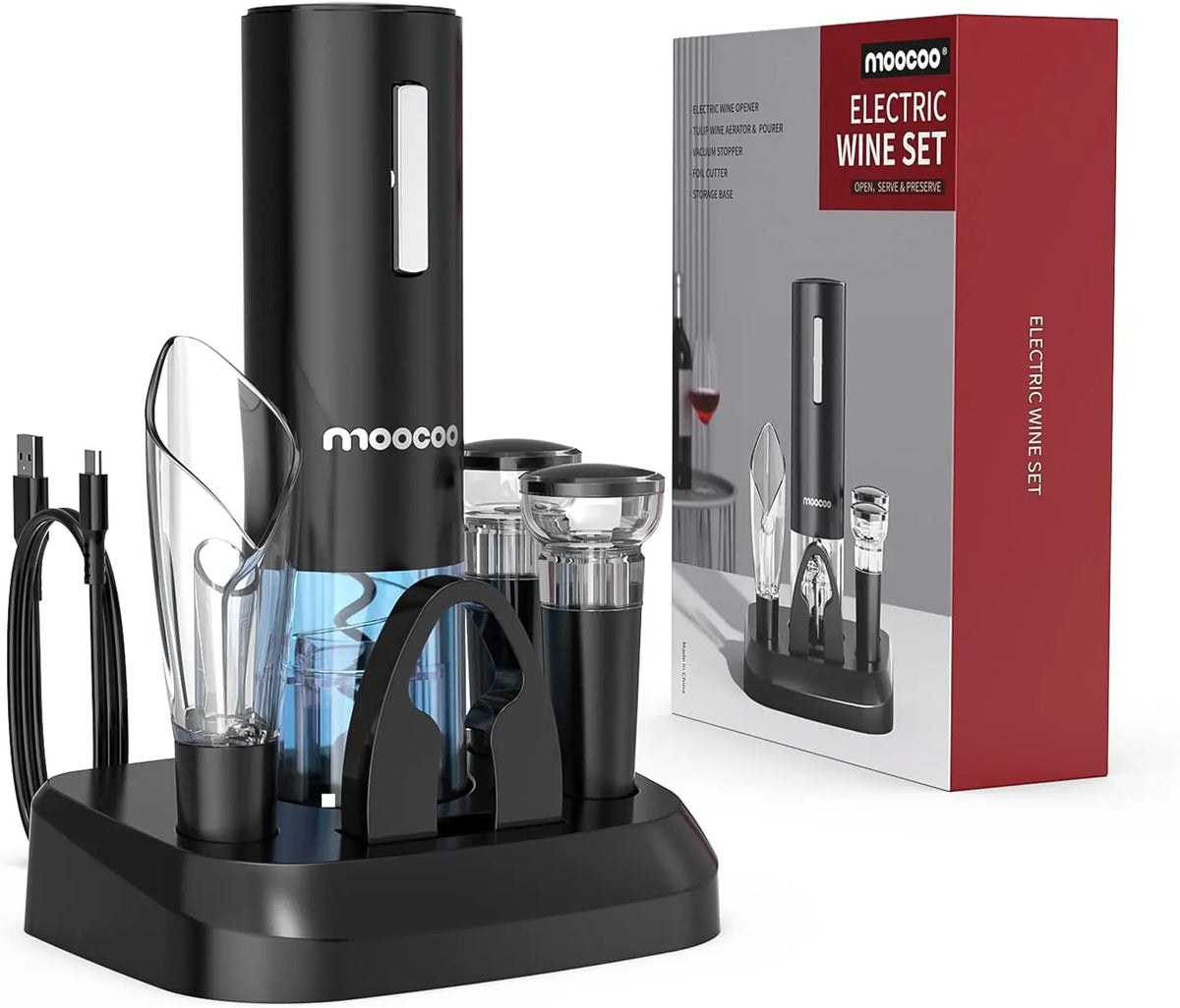 Moocoo Electric Wine Opener with Charging Base - Cordless Electric Wine Bottle Opener with 2-in-1 Aerator &Pourer, Foil Cutter