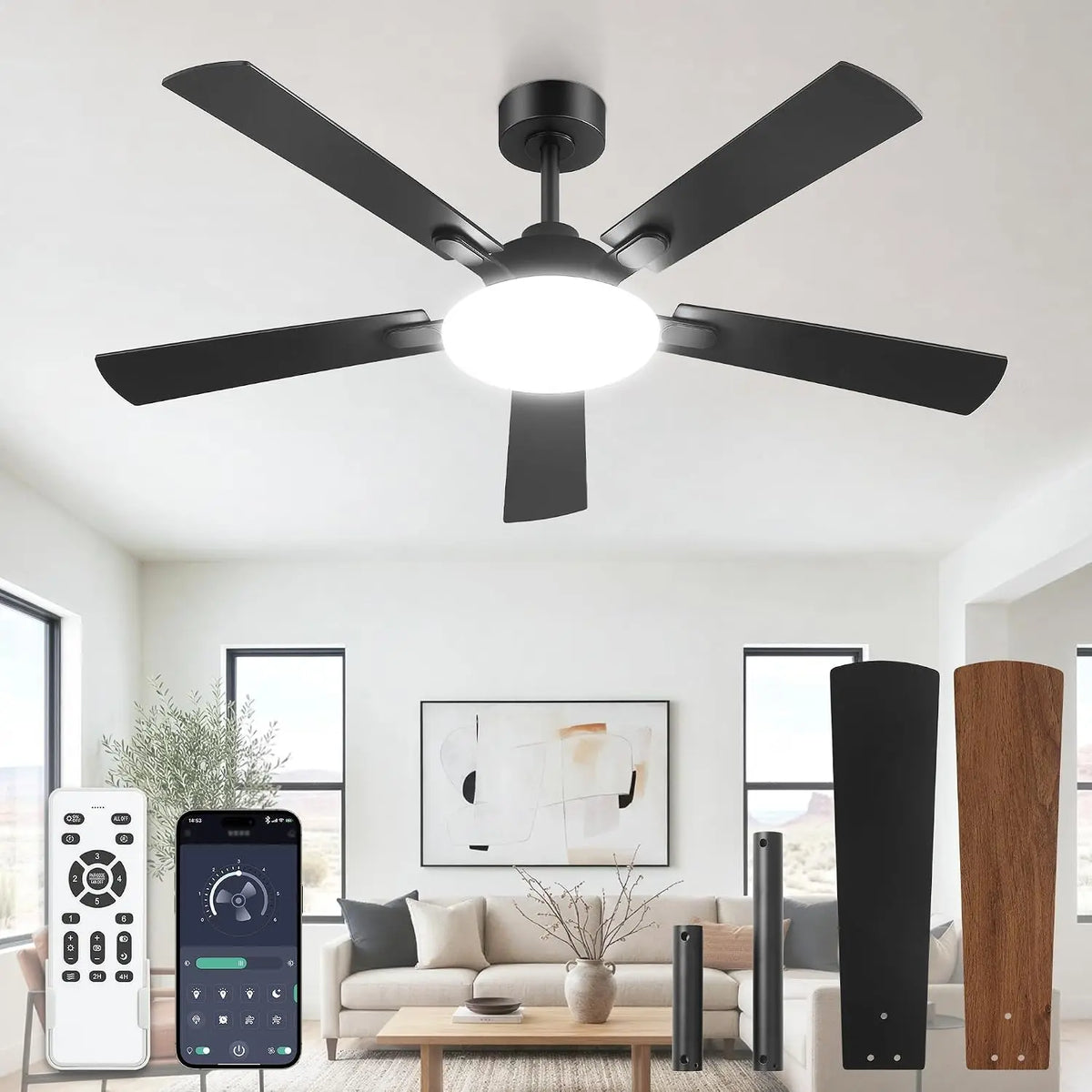 LEDIARY 52 Inch Ceiling Fans with Lights DC Motor - Remote & APP Control