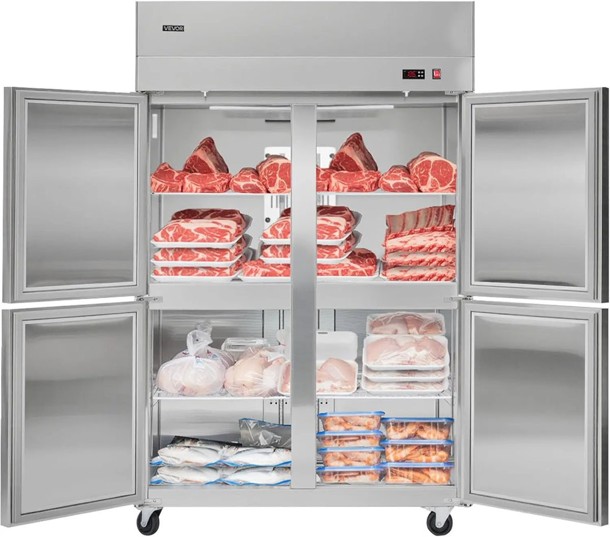 VEVOR Commercial Reach-In Freezer - 48 Inch W, 33 Cu. Ft. Stainless Steel Upright Freezer, with 4 Doors, Auto-Defrost, 6 Adjustable Shelves