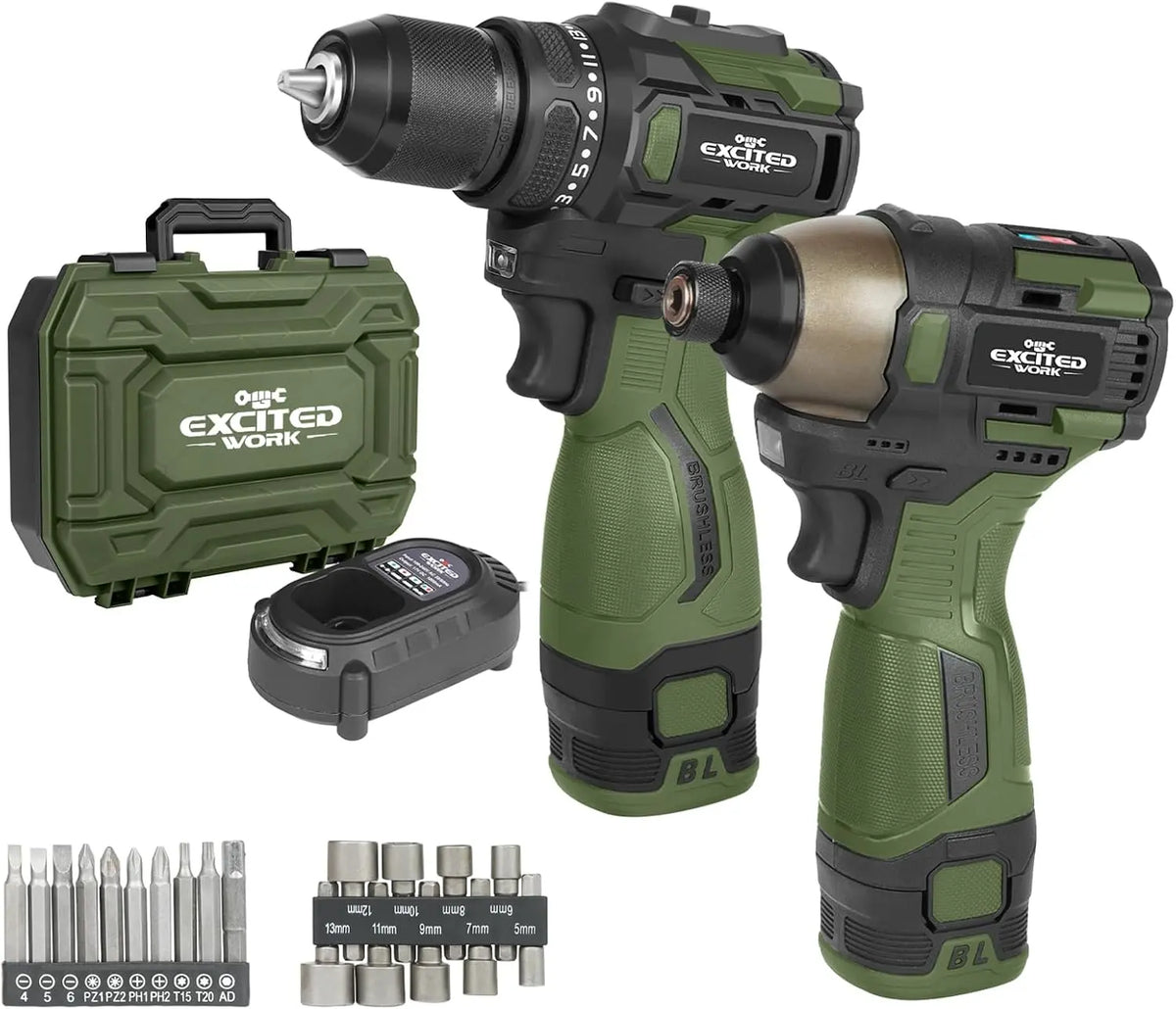 17V Brushless Screwdriver Drill Set - 140Nm Cordless Impact Driver & 55Nm Electric Drill with 3 Adjustable Speed, 2 Batteries and Led Work Light