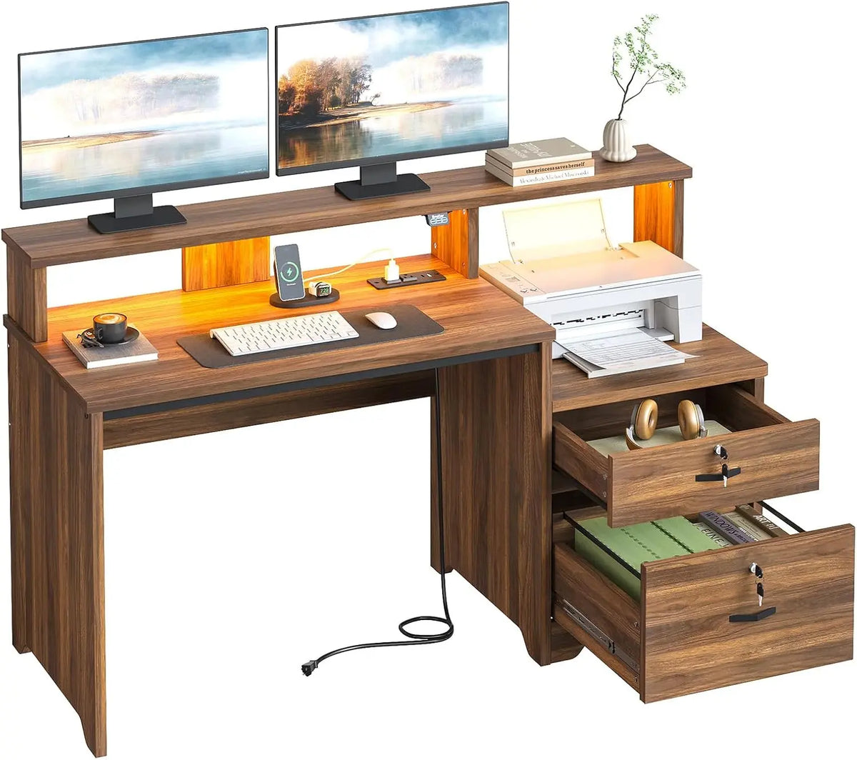Bestier 55-Inch Computer Desk with Lock File Drawer & Charging Hub - Walnut
