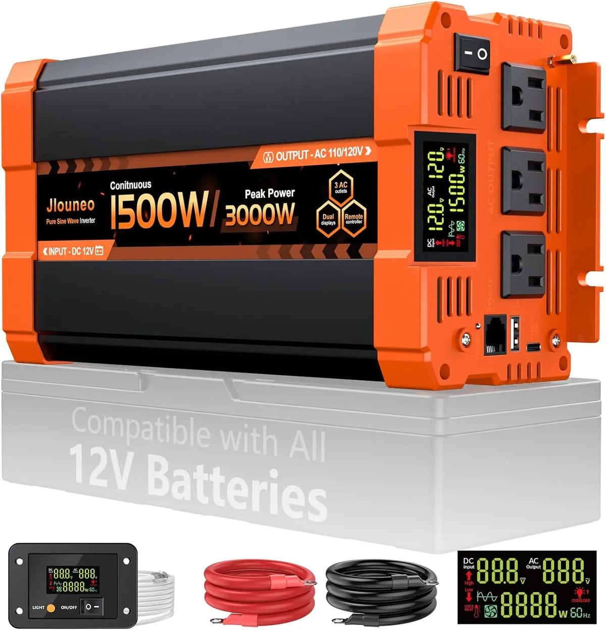 1500 Watt Pure Sine Wave Inverter - 12V DC to 110V/120V AC