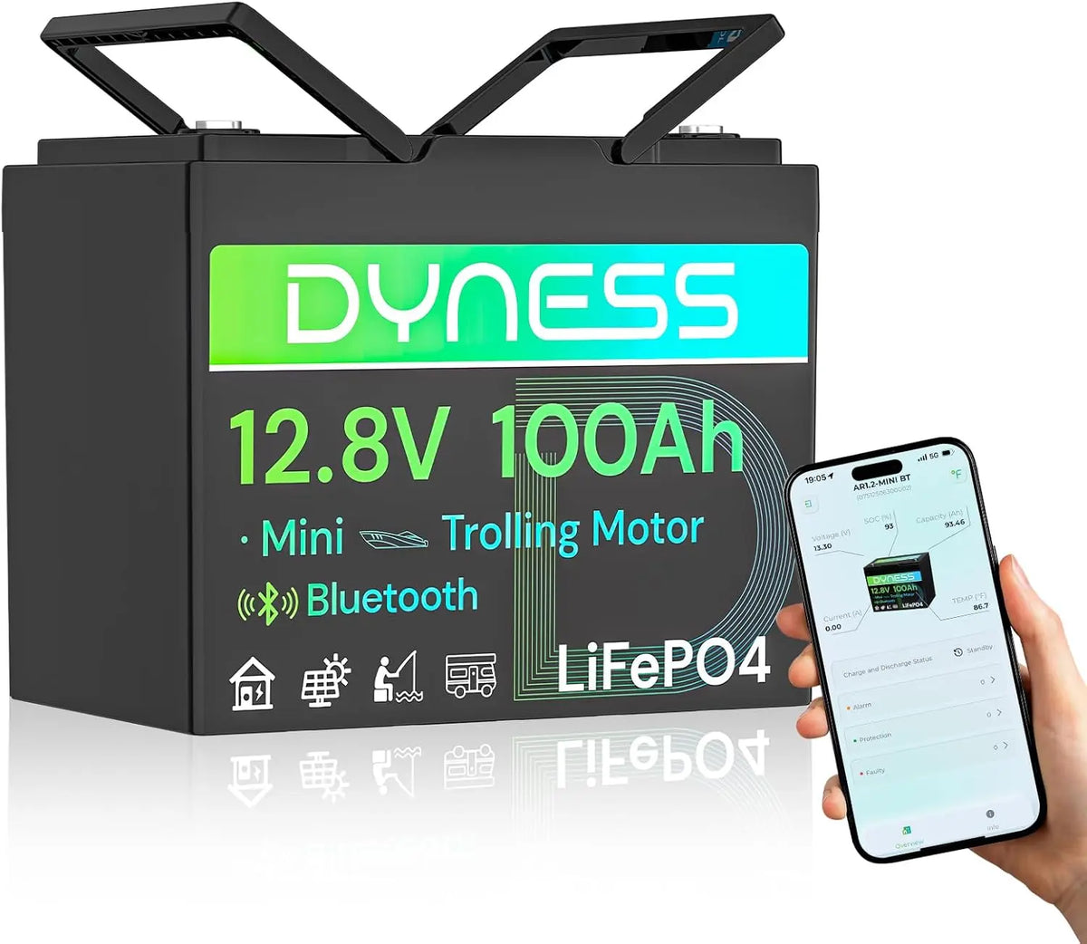 Dyness 12V 100Ah Bluetooth LiFePO4 Lithium Battery for Trolling Motors - RV