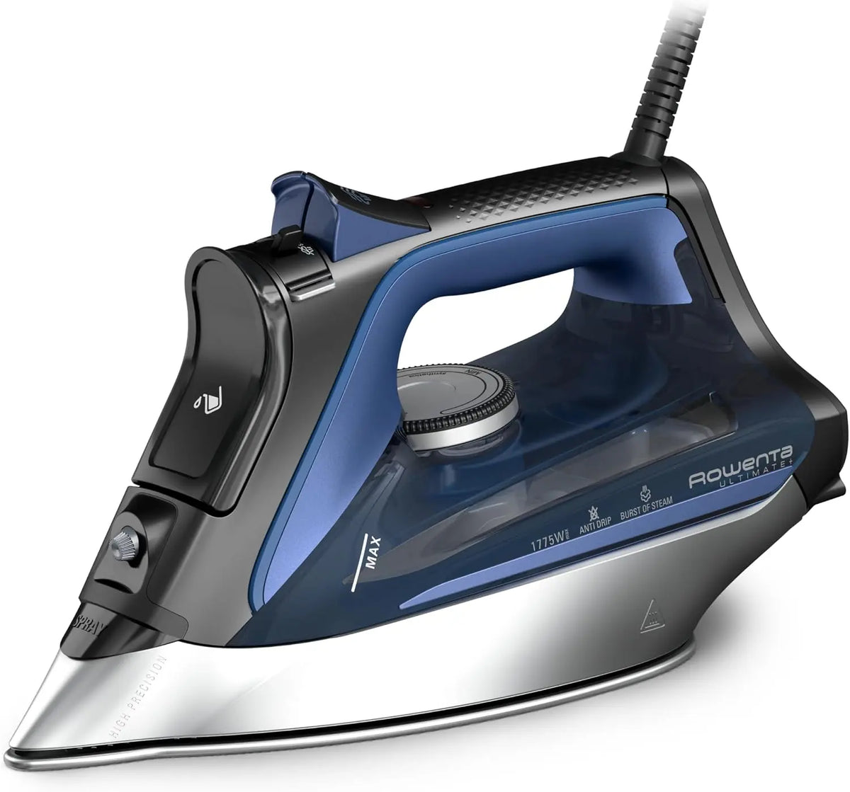 Rowenta DW8350 1775 Watts Plus Steam Iron - Vertical 430 Hole Sole Plate, Auto-off, Black & Blue 12x6