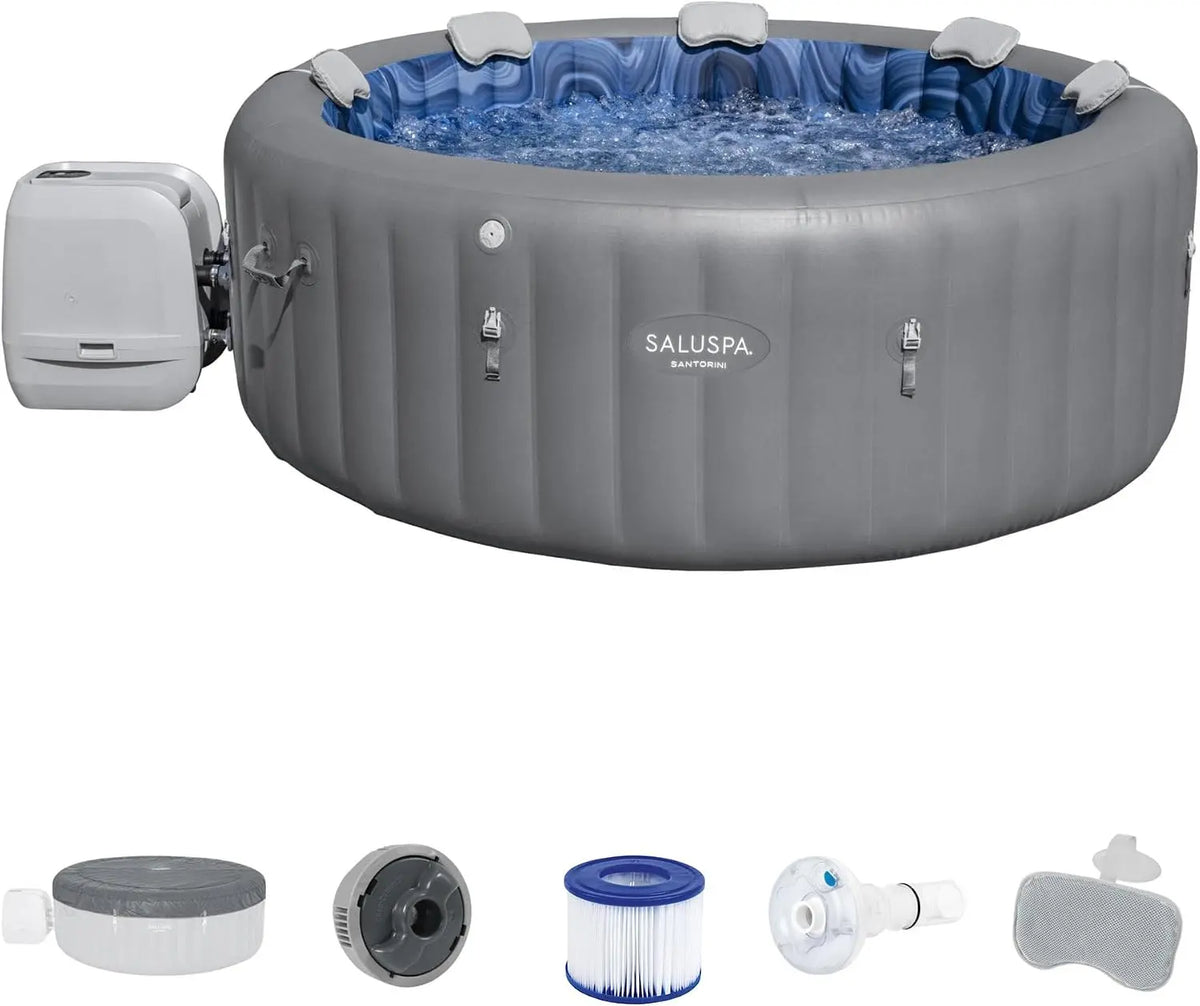 Bestway SaluSpa Santorini HydroJet 5 to 7 Inflatable Round Portable Outdoor Spa - 180 Soothing Jets and Cover, Gray